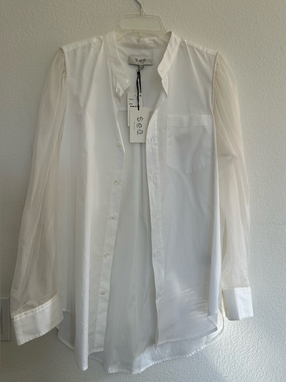 soeur White Sheer-Sleeve Button Front Shirt